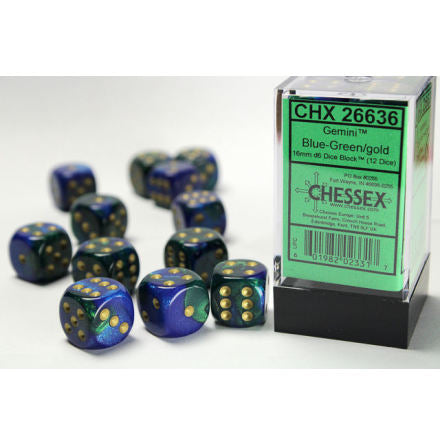 Gemini™ - 12mm d6 Blue-Green w/gold Dice Block