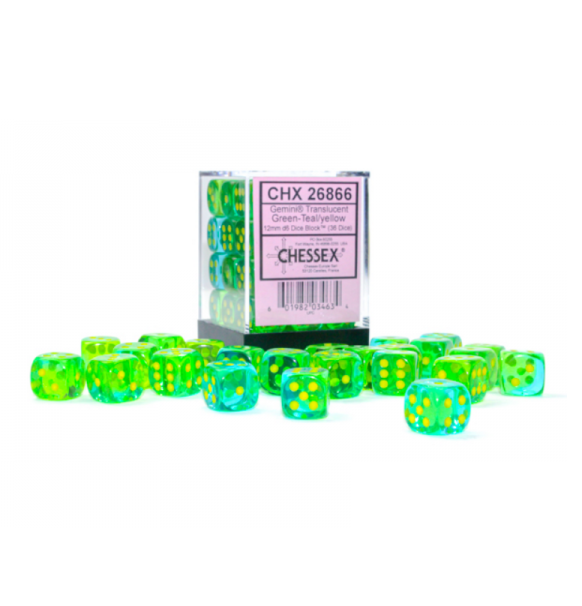 Gemini™ - 12mm d6 Translucent Green-Teal/yellow Dice Block forside