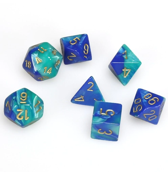 Gemini™ – Polyhedral Blue-Teal w/gold 7-Die Set indhold