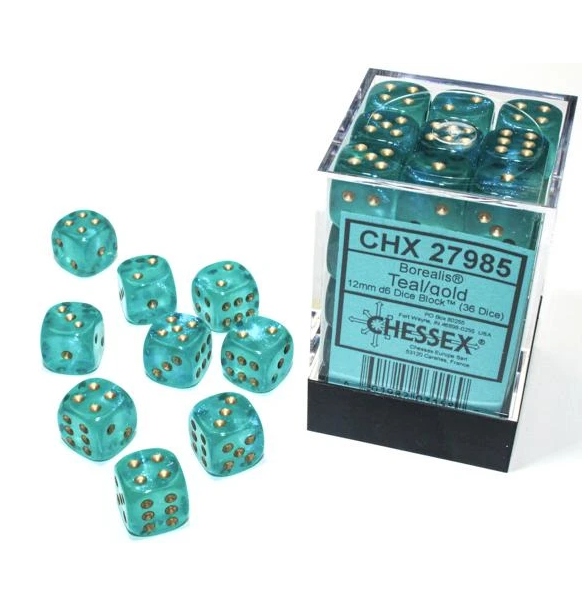 Borealis™ - 12mm d6 Teal/gold Luminary Dice Block