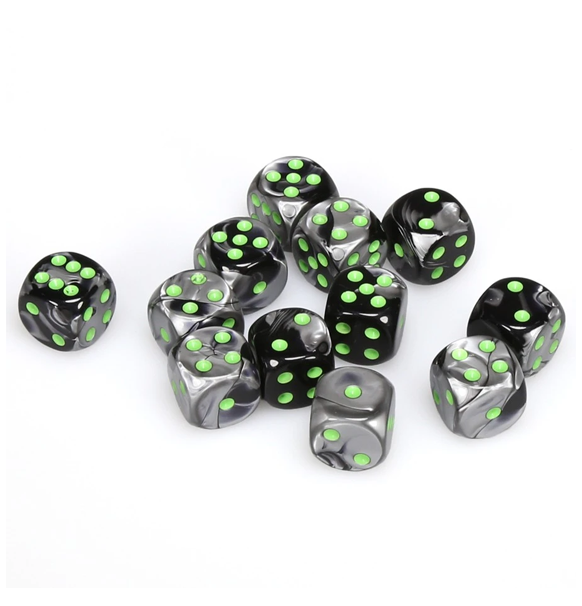 Gemini™ – 16mm d6 Black-Grey w/green Dice Block indhold