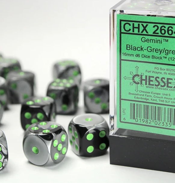 Gemini™ – 16mm d6 Black-Grey w/green Dice Block forside