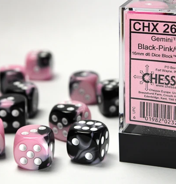 Gemini™ – 16mm d6 Black-Pink w/white Dice Block