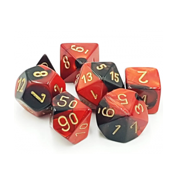 Gemini™ – Polyhedral Black-Red w/gold 7-Die Set indhold