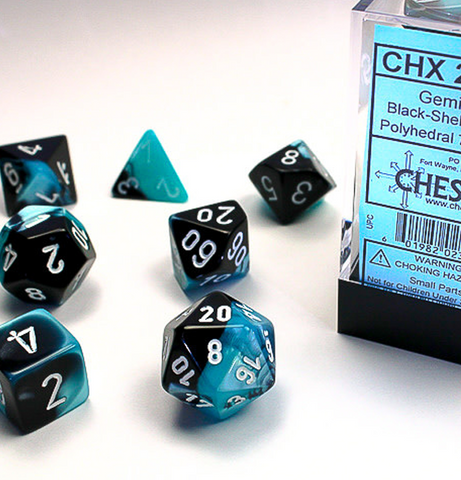 Gemini™ – Polyhedral Black-Shell w/white 7-Die Set indhold